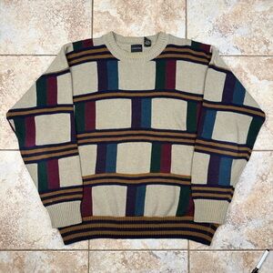 Vintage 90s Structure Beige and Multicolor Block Crewneck Sweater